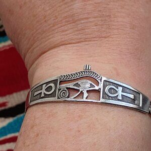 Vintage Hallmarked Silver Egyptian Eye of Horus Ankh Bangle Bracelet